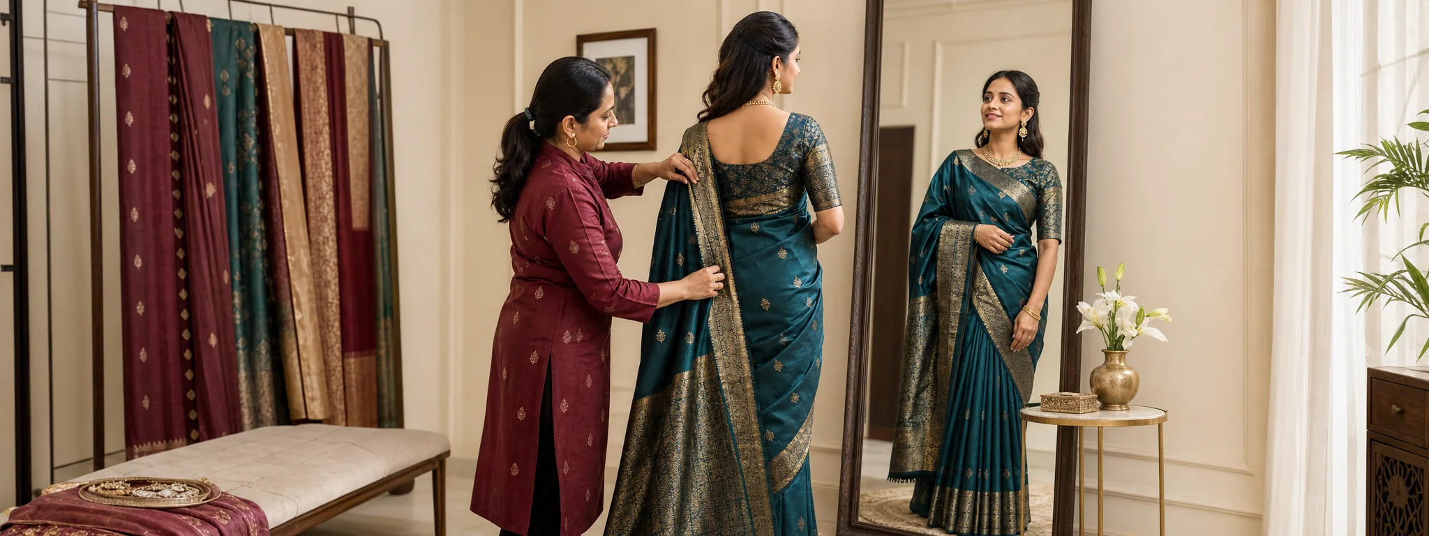 Saree stylist arranging a teal silk drape