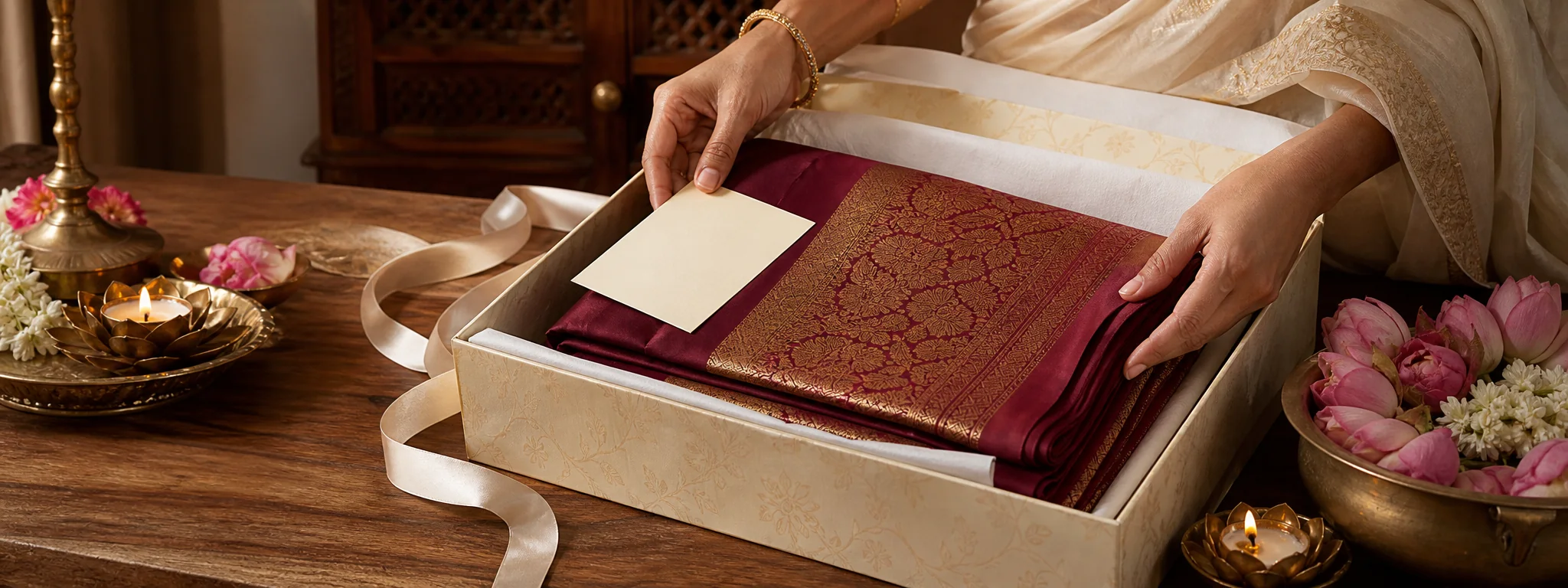 Saree gift box tied with a ribbon
