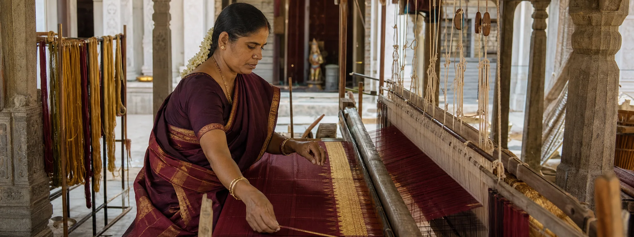 Artisan weaving a maroon and gold silk saree on a handloom