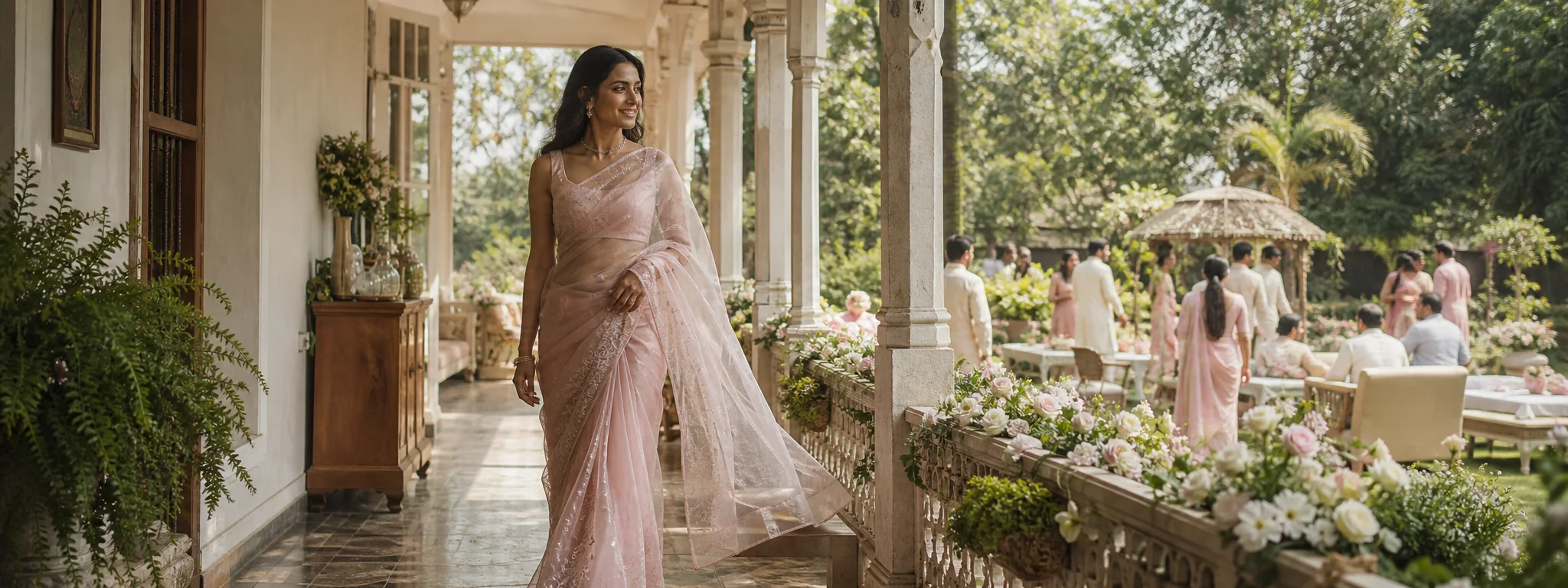 Woman wearing a lightweight blush saree
