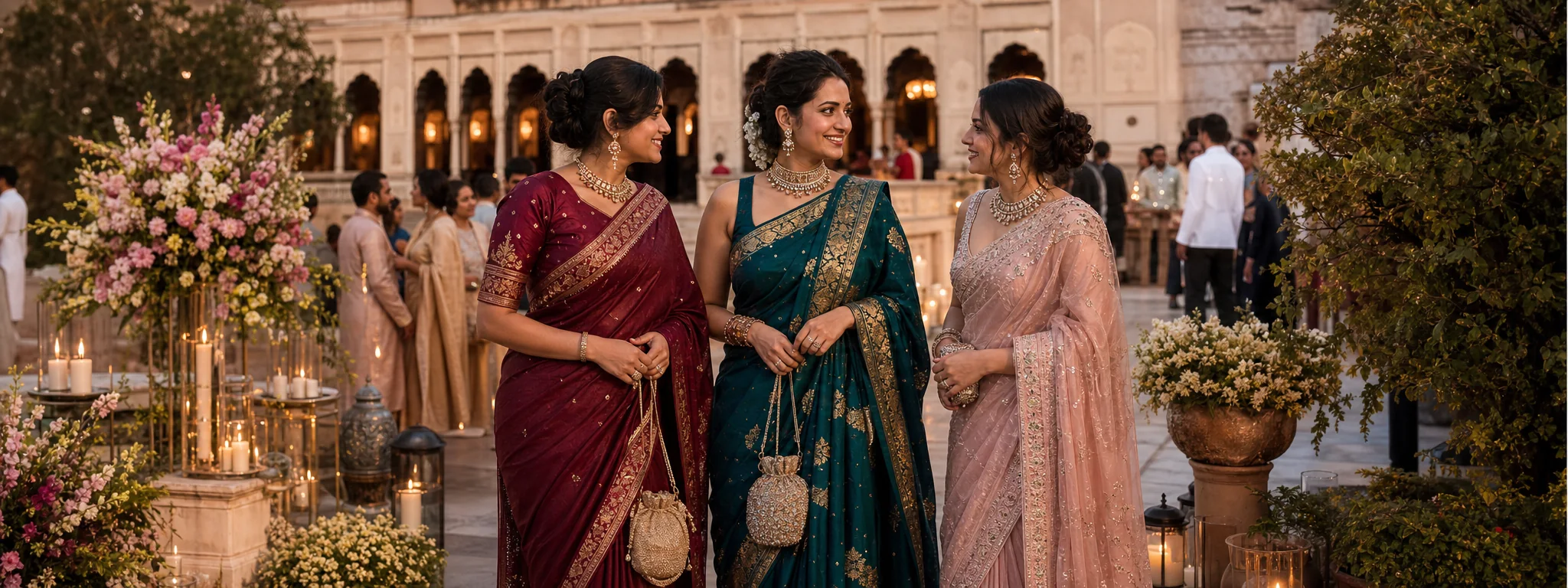 Woman in a teal saree at an evening celebration
