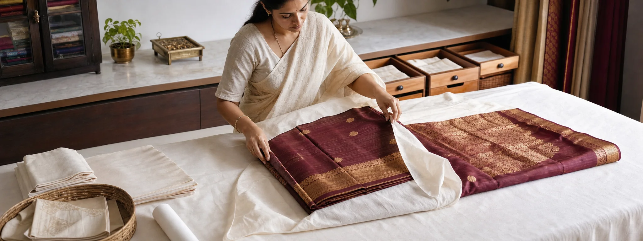 Wine silk saree being wrapped for careful storage
