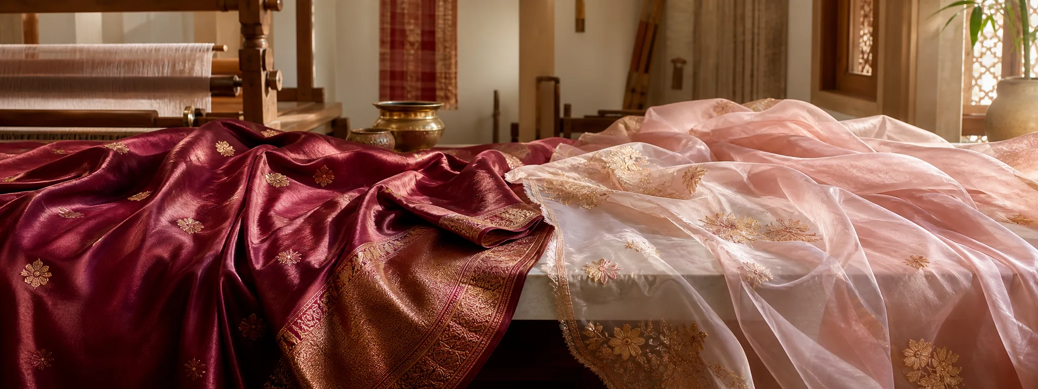 Close view of blush organza fabric