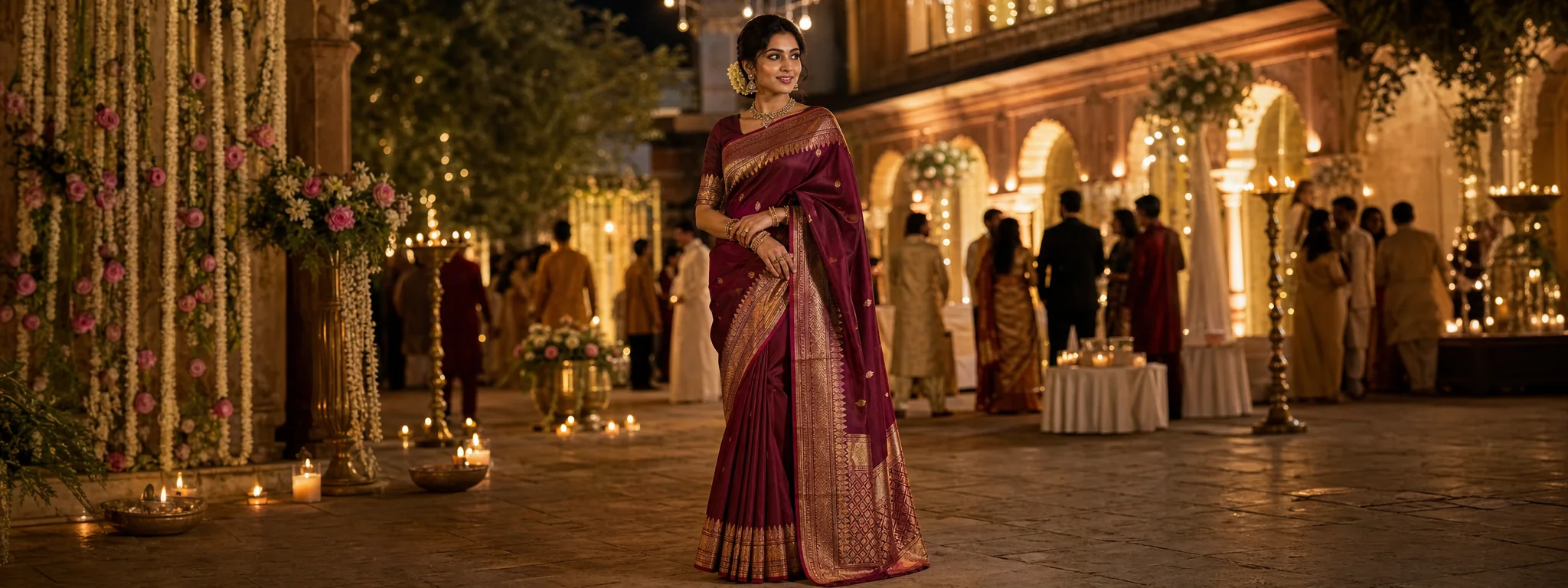 Wedding guest in a wine silk saree