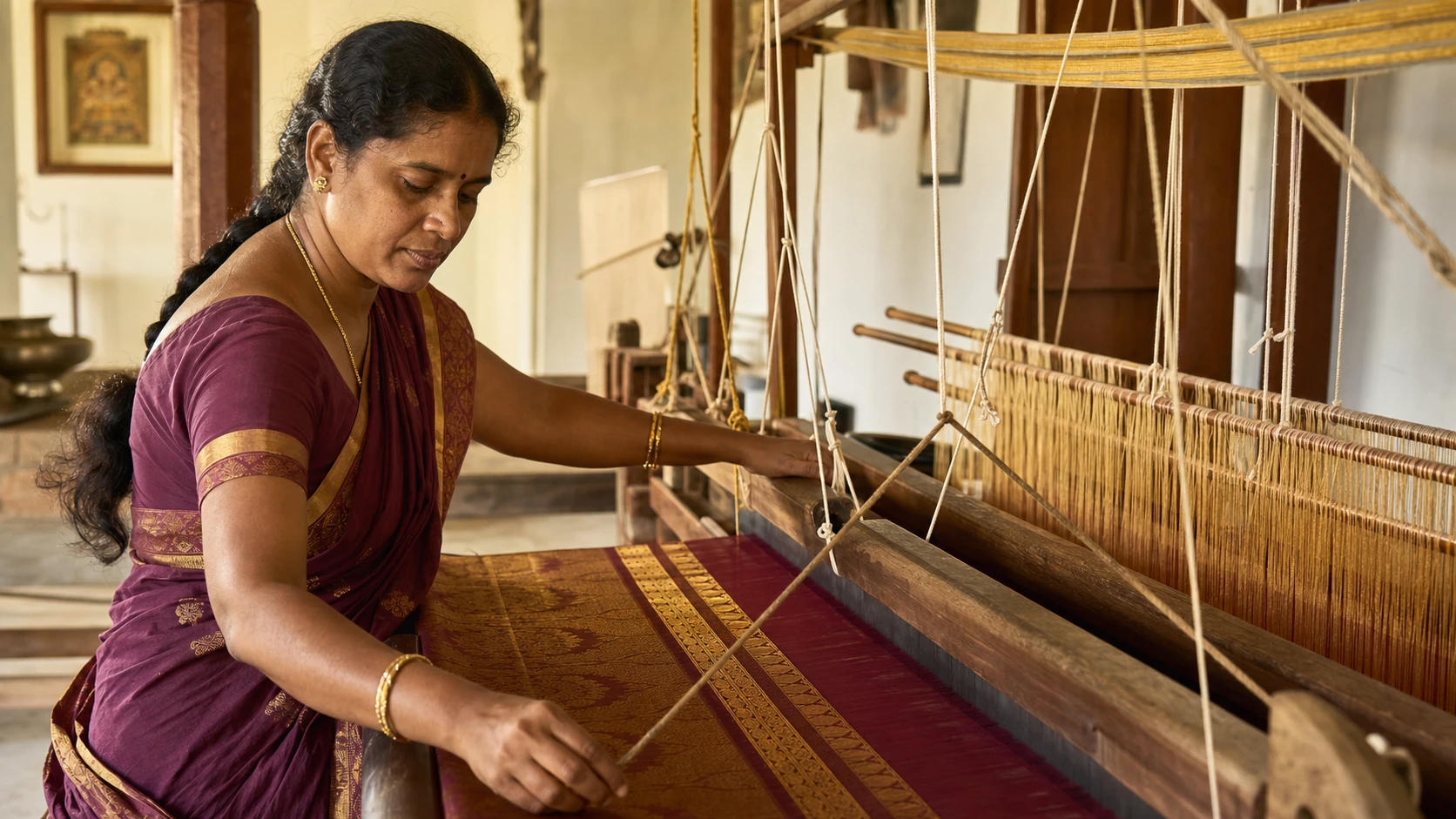 A weaver at a traditional pit loom working gold zari into a silk saree