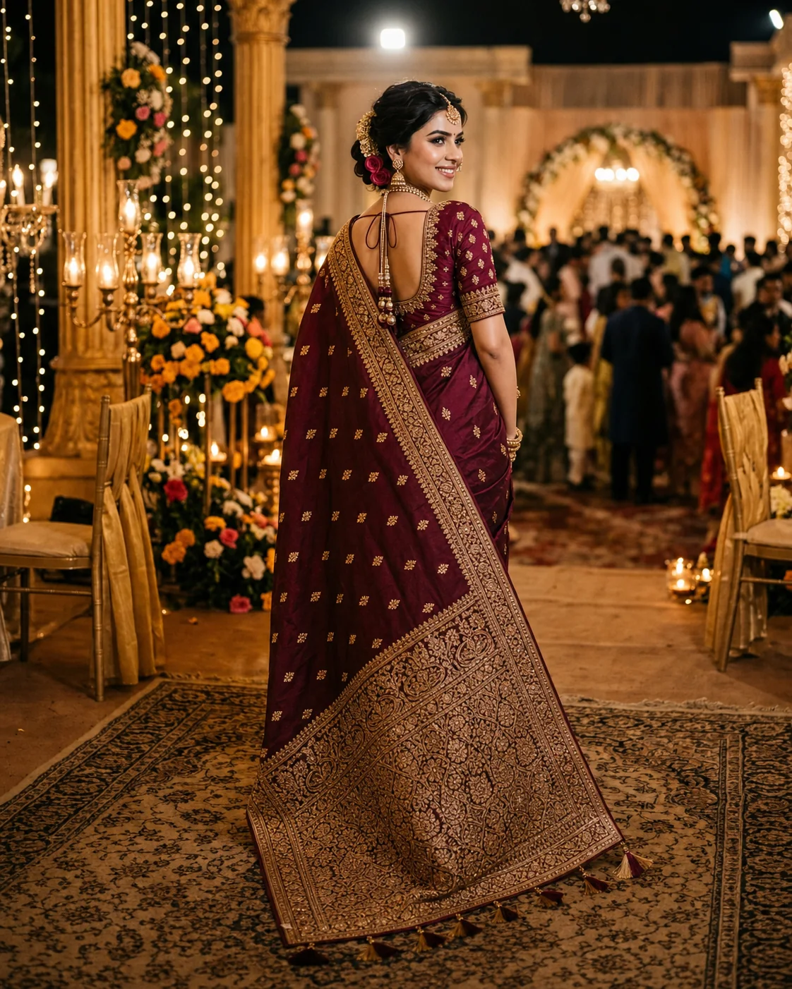 Back view showing a richly bordered wine silk pallu