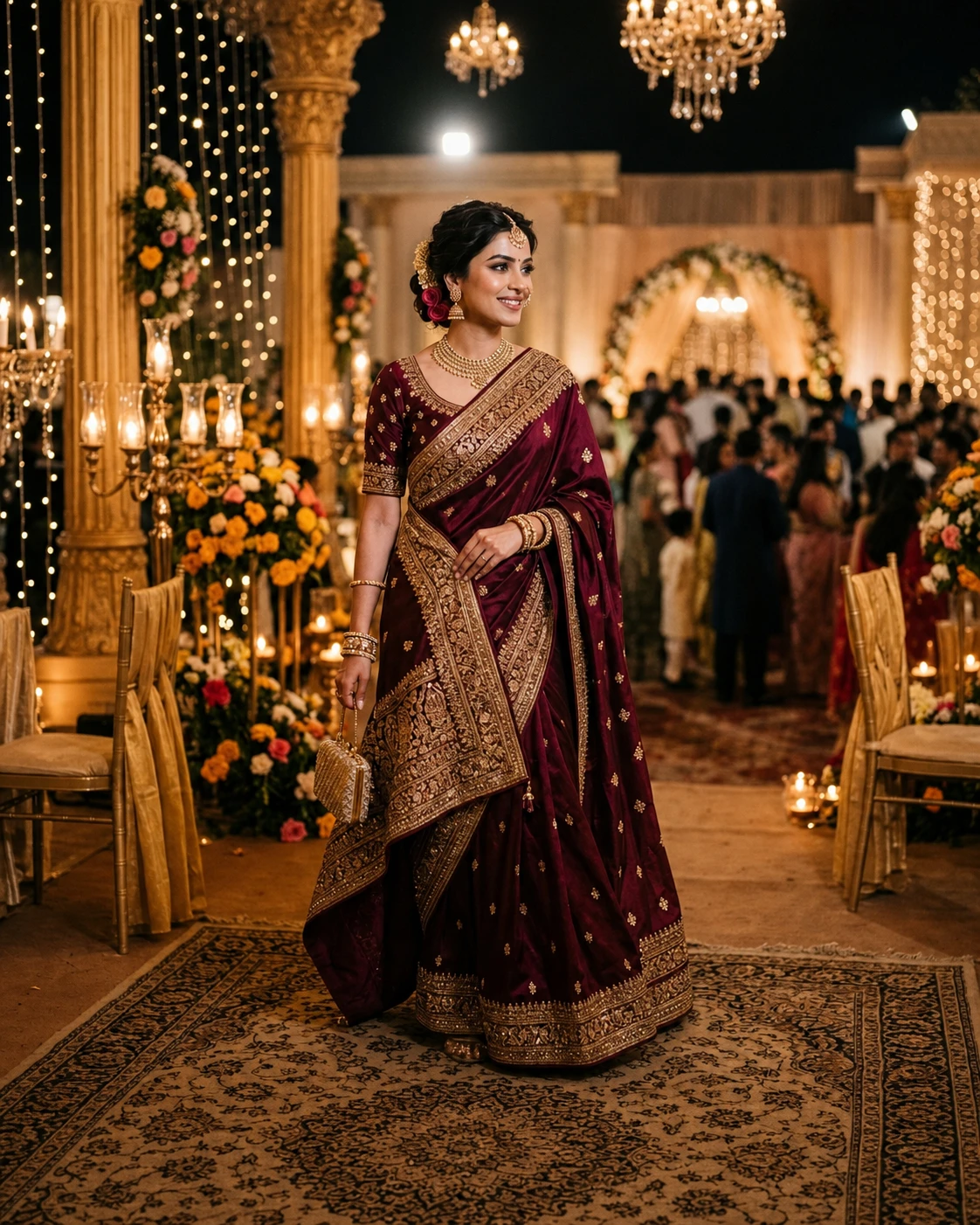 A burgundy Kanchipuram silk saree with a broad gold zari border