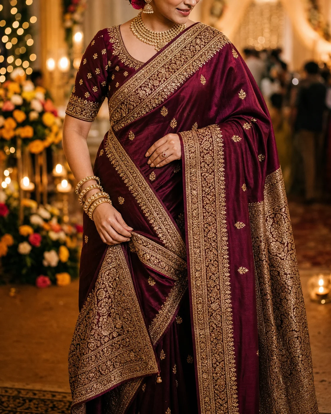 Close view of maroon silk with an ornate gold border
