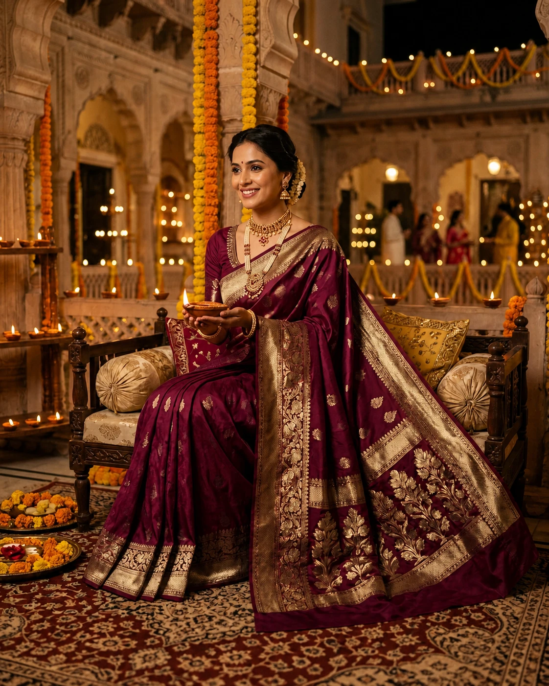 A deep wine Banarasi silk saree with dense gold brocade
