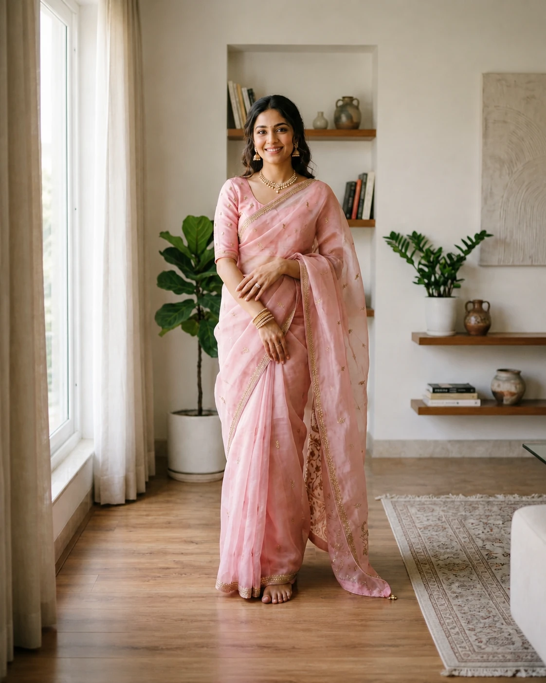 A dusty rose Chanderi saree with a fine, sheer texture