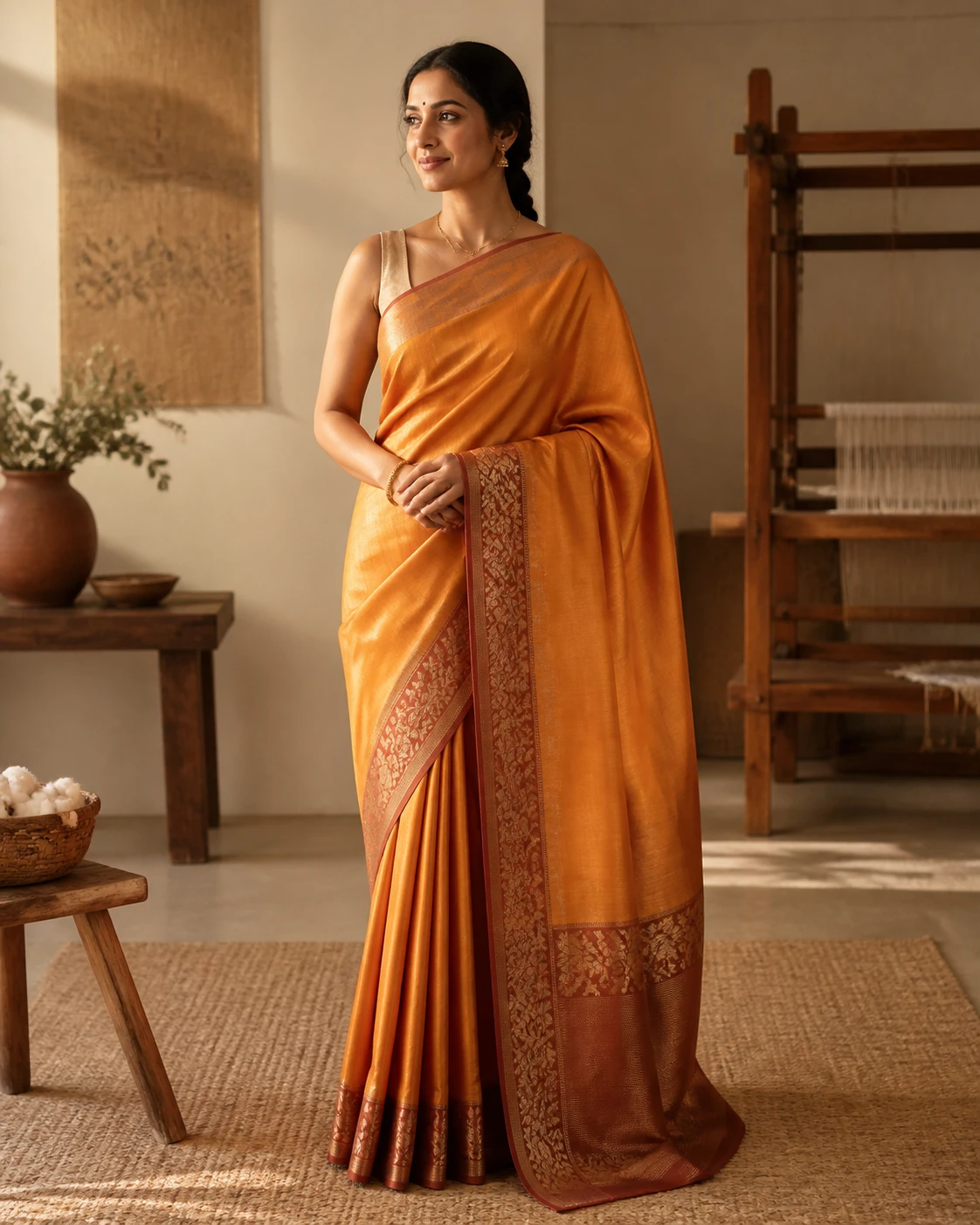 A saffron Tussar silk saree with a natural slubbed texture