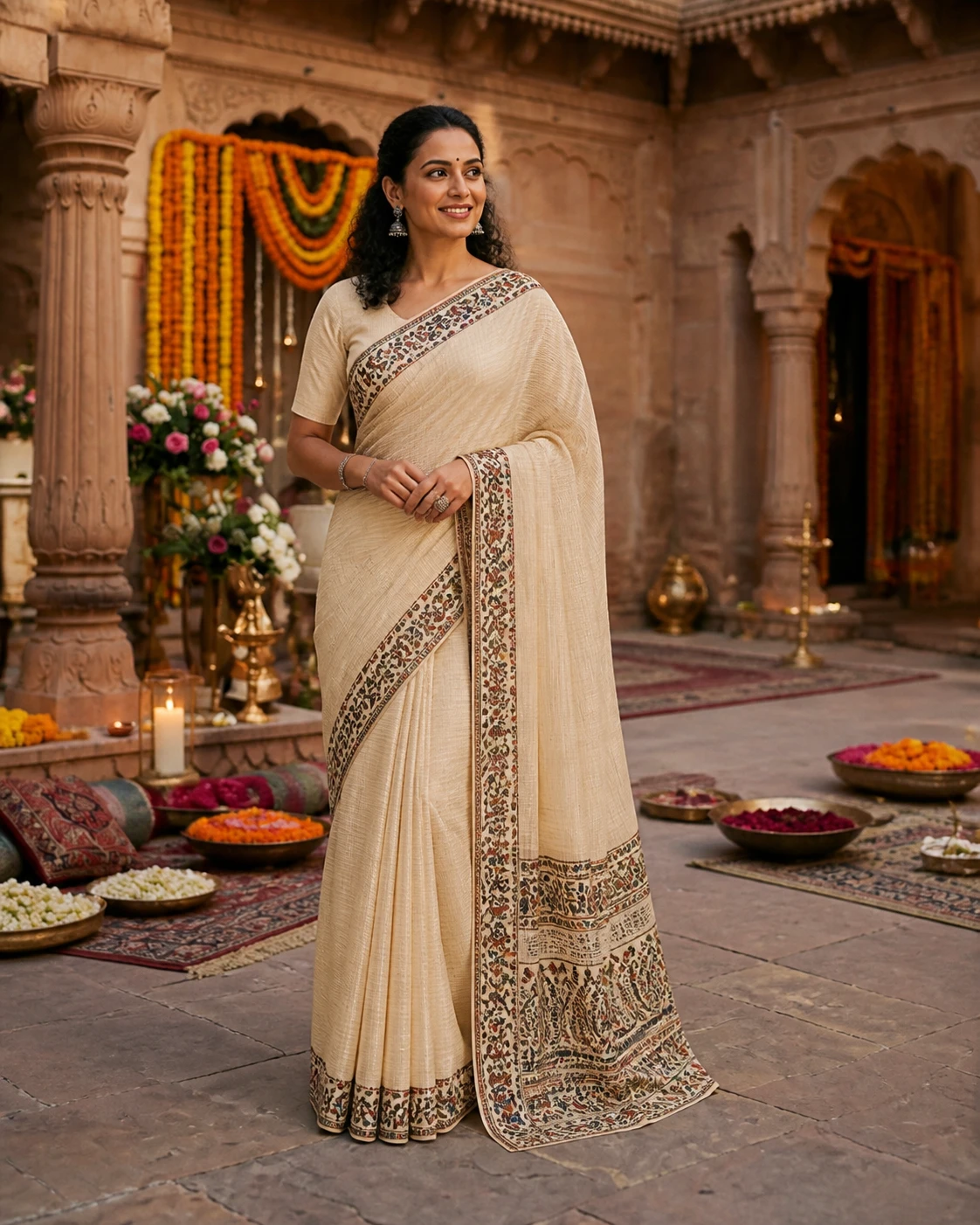 A natural cotton Kalamkari saree with hand block-printed motifs